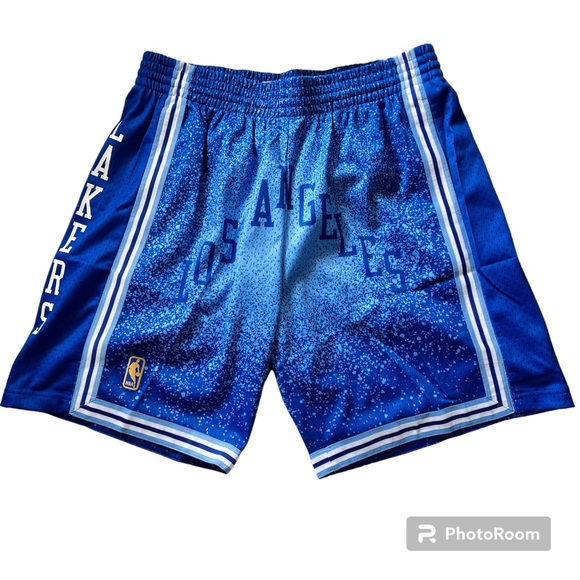 Mitchell & Ness NBA LA Lakers 1996 Blue Spray Paint Swingman Shorts mens new - Picture 1 of 6